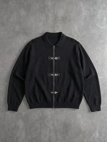 Manfinity EMRG Men's Solid Color Casual Versatile Daily Wear Cardigan,Bomber,Airplane Buckle,Parka,Bomber - Black - View 2