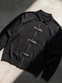 Manfinity EMRG Men's Solid Color Casual Versatile Daily Wear Cardigan,Bomber,Airplane Buckle,Parka,Bomber - Black - View 6