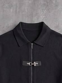 Manfinity EMRG Men's Solid Color Casual Versatile Daily Wear Cardigan,Bomber,Airplane Buckle,Parka,Bomber - Black - View 4