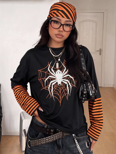 SHEIN Teen Girls Music Festival Street Style Basic Gothic Punk Striped Patchwork 2 In 1 Gothic Print Crew Neck Loose Long Sleeve T-Shirt, Personalized Heart Spider Web & Black Spider Graphic, Vintage Black & Orange, Cozy Fall & Winter Styles Halloween Y2K