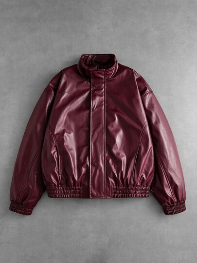Chaqueta casual de manga larga con cuello alto de tela de PU para hombre