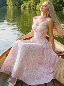 SHEIN ICON Floral Print Dress With Oversized Sexy Flared Skirt, Vacation Style Golf White Summer - Pink - View 6