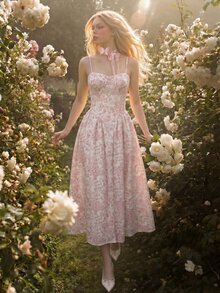SHEIN ICON Floral Print Dress With Oversized Sexy Flared Skirt, Vacation Style Golf White Summer - Pink - View 3