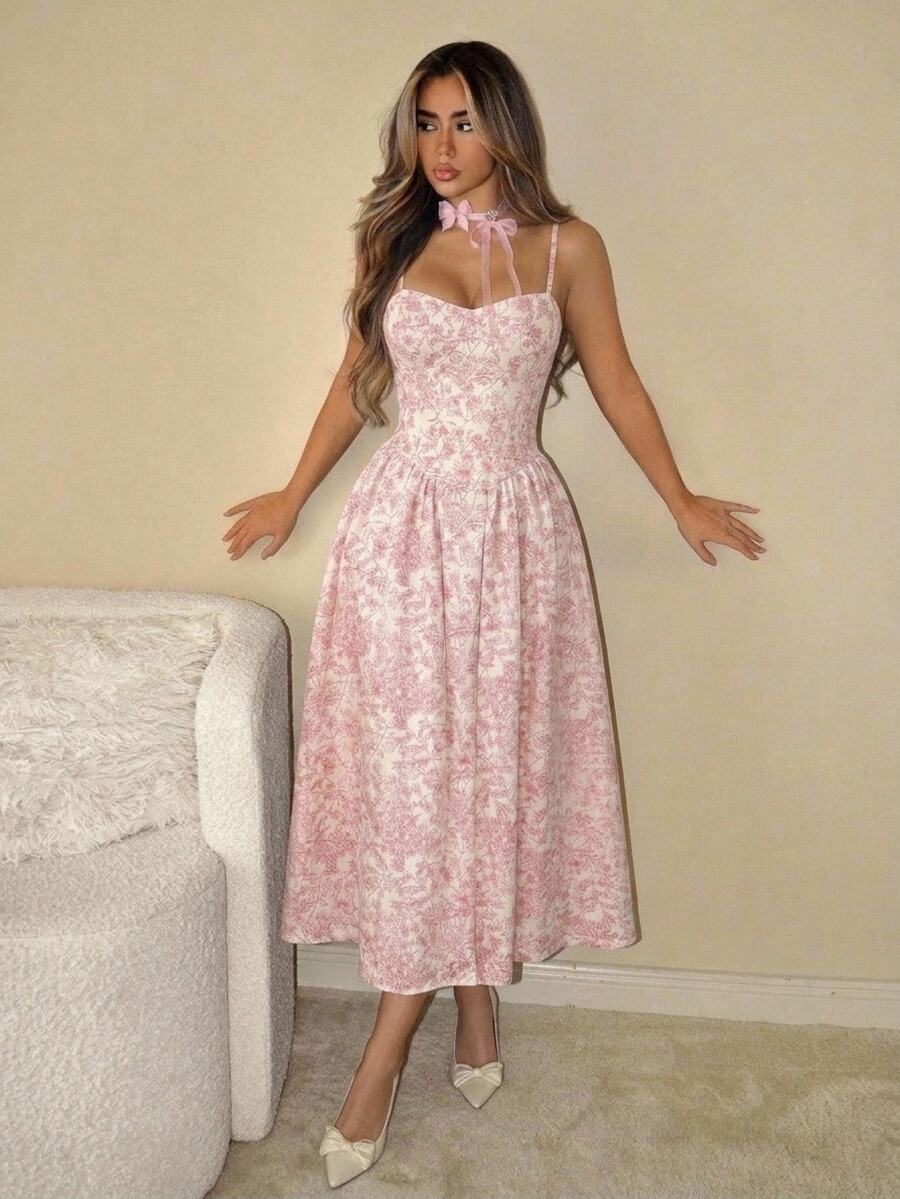 SHEIN ICON Floral Print Dress With Oversized Sexy Flared Skirt, Vacation Style Golf White Summer - Pink - View 1