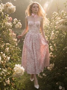 SHEIN ICON Floral Print Dress With Oversized Sexy Flared Skirt, Vacation Style Golf White Summer - Pink - View 5