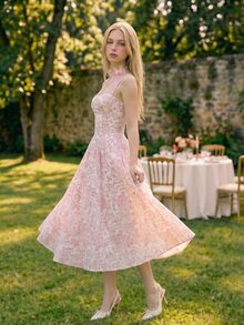 SHEIN ICON Floral Print Dress With Oversized Sexy Flared Skirt, Vacation Style Golf White Summer - Pink - View 4