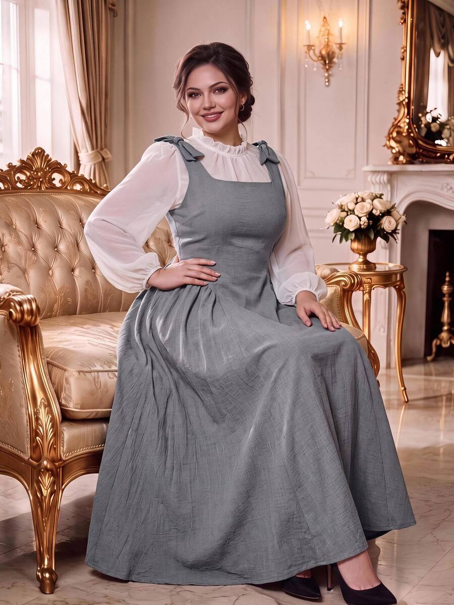 Rometta فستان مقاس كبير بتصميم فينتاج مع حزام كتف وزينة فيونكة للسفر في الربيع والخريف - رمادي - مشاهدة 1