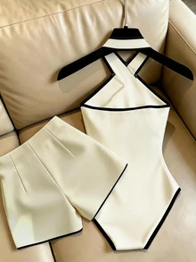 Franclia 白色連身褲 白色短褲配對比飾邊裝飾 掛脖連身褲 掛脖背心上衣 白色套裝 度假套裝 2件組 夏季穿搭，海灘，女款海灘穿搭，海灘穿搭 度假穿搭，Y2K風格 Y2K風格女款通勤穿搭， - 杏色 - 查看 2