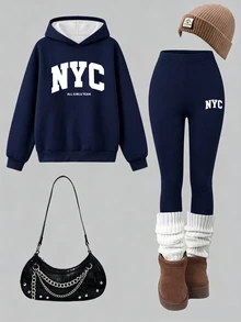 Kids Hooded Drop Shoulder Sweatshirt Tween Girl & Slim Fit Leggings 2 Pieces Set Suitable For Autumn/Winter Dai - Multicolor - View 4