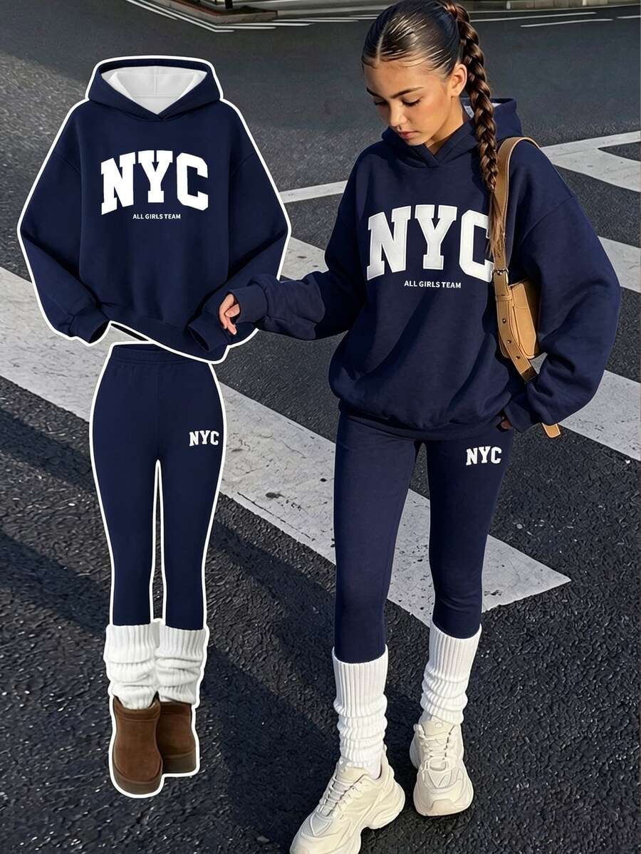 Kids Hooded Drop Shoulder Sweatshirt Tween Girl & Slim Fit Leggings 2 Pieces Set Suitable For Autumn/Winter Dai - Multicolor - View 1