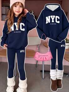 Kids Hooded Drop Shoulder Sweatshirt Tween Girl & Slim Fit Leggings 2 Pieces Set Suitable For Autumn/Winter Dai - Multicolor - View 2