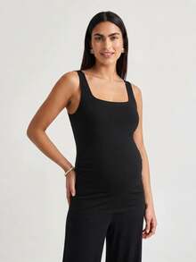 Modmama Maternity Casual Versatile Solid Color Fitted Tank Top - Black - View 6