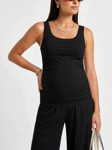 Modmama Maternity Casual Versatile Solid Color Fitted Tank Top - Black - View 5