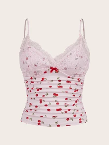 Sweetina Women's Y2k Spaghetti Strap Backless Camisole With Cherry Print Lace Design, Sexy And Fashionable Fitted Top - Pink - View 2