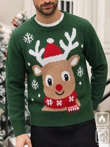 Manfinity Homme 男士休閒日常長袖鹿紋毛衣 - 綠色 - 查看 8