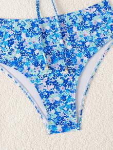 SHEIN Swim Women's Summer Beach Vacation New Cute Strapless Floral Ruffle Trim Ditsy Floral Bikini Set With Delicate Pearl Pendant And Drawstring Tie Tropical - Multicolor - View 6