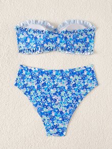 SHEIN Swim Women's Summer Beach Vacation New Cute Strapless Floral Ruffle Trim Ditsy Floral Bikini Set With Delicate Pearl Pendant And Drawstring Tie Tropical - Multicolor - View 2