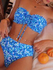 SHEIN Swim Women's Summer Beach Vacation New Cute Strapless Floral Ruffle Trim Ditsy Floral Bikini Set With Delicate Pearl Pendant And Drawstring Tie Tropical - Multicolor - View 1