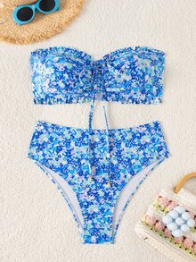 SHEIN Swim Women's Summer Beach Vacation New Cute Strapless Floral Ruffle Trim Ditsy Floral Bikini Set With Delicate Pearl Pendant And Drawstring Tie Tropical - Multicolor - View 3