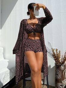 SHEIN Swim New Summer 3-Piece Beachwear Set Featuring A High-Waisted Bikini And A Sheer Long Cover-Up; Showcases A Maze-Pattern Print.Vacation Outfits Women. - Multicolor - View 5