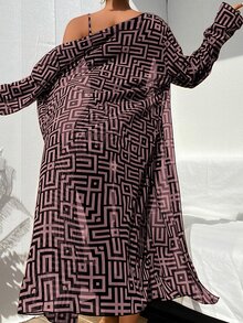SHEIN Swim New Summer 3-Piece Beachwear Set Featuring A High-Waisted Bikini And A Sheer Long Cover-Up; Showcases A Maze-Pattern Print.Vacation Outfits Women. - Multicolor - View 2
