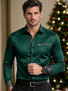 Manfinity Bizformal Men's Shirt Selection - Craftsmanship Collection: Stylish Patchwork Business Casual Long-Sleeve - Dark Green - View 1