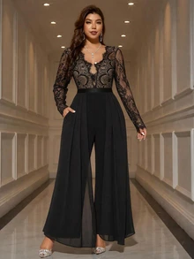 Reflora Plus Size Women's Contrast Lace Waist Rhinestone Decor Pleated Wide Leg Elegant Jumpsuit - Black - View 9