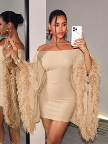 BamGleam Women's Solid Color Cold Shoulder Batwing Sleeve Faux Fur Patchwork Party Fashion Dress - Apricot - View 2