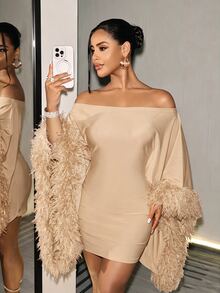 BamGleam Women's Solid Color Cold Shoulder Batwing Sleeve Faux Fur Patchwork Party Fashion Dress - Apricot - View 5
