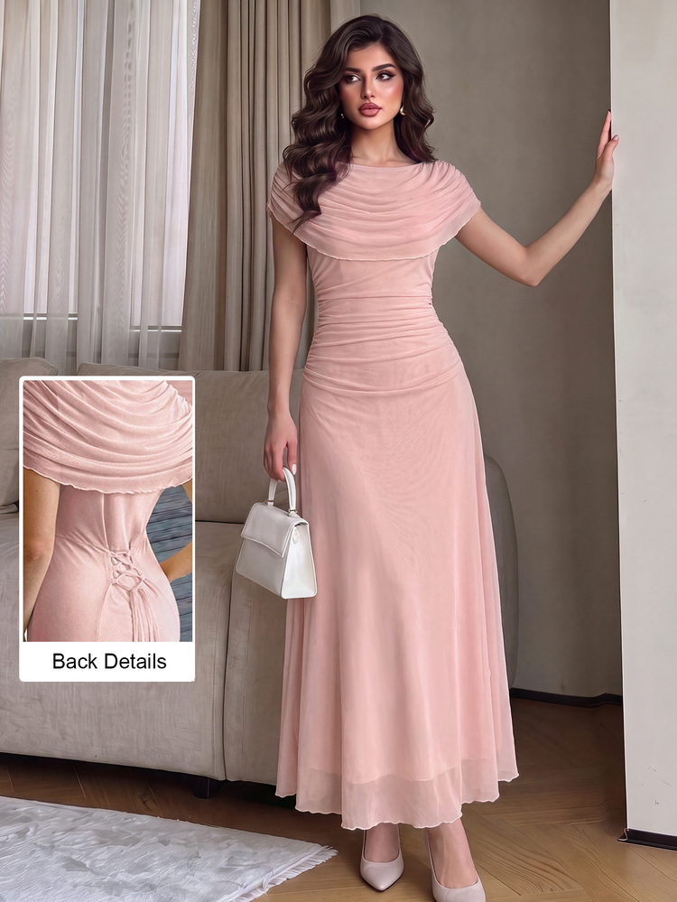 Modelyn Pale Yellow Mesh Ruched Back Tie Elegant French Style Wedding Dress For Women - Pink - View 1