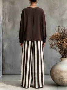 NostaNoir Plus Size Minimalist Long Sleeve Top And Striped Colorblock Loose Pants 2 Pieces Set - Brown - View 2