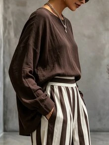 NostaNoir Plus Size Minimalist Long Sleeve Top And Striped Colorblock Loose Pants 2 Pieces Set - Brown - View 3