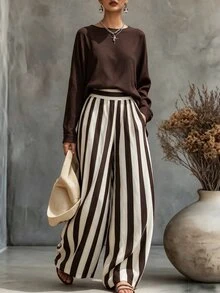 NostaNoir Plus Size Minimalist Long Sleeve Top And Striped Colorblock Loose Pants 2 Pieces Set - Brown - View 4