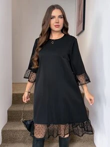 Easowa Curve Plus Size French Elegant Mesh Patchwork Dates Wedding Tea Party Cocktail Formal Evening Dinner Round Neck Dress Teachers' Day Autumn Work School Black - Black - View 4