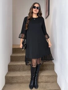 Easowa Curve Plus Size French Elegant Mesh Patchwork Dates Wedding Tea Party Cocktail Formal Evening Dinner Round Neck Dress Teachers' Day Autumn Work School Black - Black - View 3
