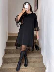 Easowa Curve Plus Size French Elegant Mesh Patchwork Dates Wedding Tea Party Cocktail Formal Evening Dinner Round Neck Dress Teachers' Day Autumn Work School Black - Black - View 6