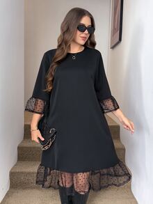 Easowa Curve Plus Size French Elegant Mesh Patchwork Dates Wedding Tea Party Cocktail Formal Evening Dinner Round Neck Dress Teachers' Day Autumn Work School Black - Black - View 1