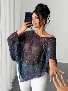Cravure Plus Size Women Gradient Color Shiny Fabric Asymmetric Hemline Batwing Sleeve Sexy Casual Party Night Going Out Club Blouse Dark Autumn,Halloween - Multicolor - View 9