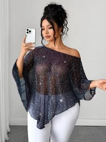 Cravure Plus Size Women Gradient Color Shiny Fabric Asymmetric Hemline Batwing Sleeve Sexy Casual Party Night Going Out Club Blouse Dark Autumn,Halloween - Multicolor - View 6