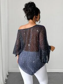 Cravure Plus Size Women Gradient Color Shiny Fabric Asymmetric Hemline Batwing Sleeve Sexy Casual Party Night Going Out Club Blouse Dark Autumn,Halloween - Multicolor - View 2