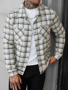 Manfinity Homme Men's Casual Streetwear Wool Blend Jacket, Plaid Fabric, Daily Commute Wear Vacation Going Out Off-White Autumn - Apricot - View 6