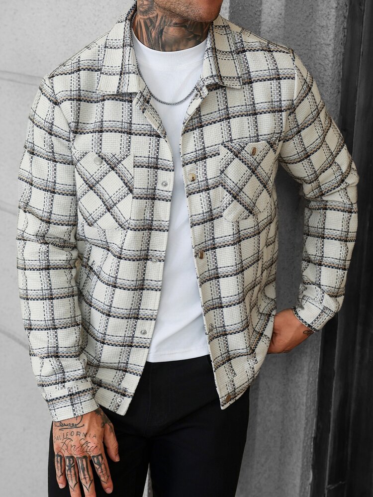 Manfinity Homme Men's Casual Streetwear Wool Blend Jacket, Plaid Fabric, Daily Commute Wear Vacation Going Out Off-White Autumn - Apricot - View 6