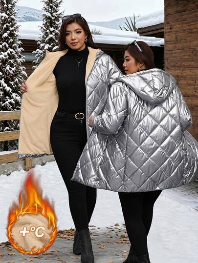 SHEIN Clasi Plus Size Autumn/Winter Diamond Quilted Padded Thermal Lined Thick Hooded Padded Coat