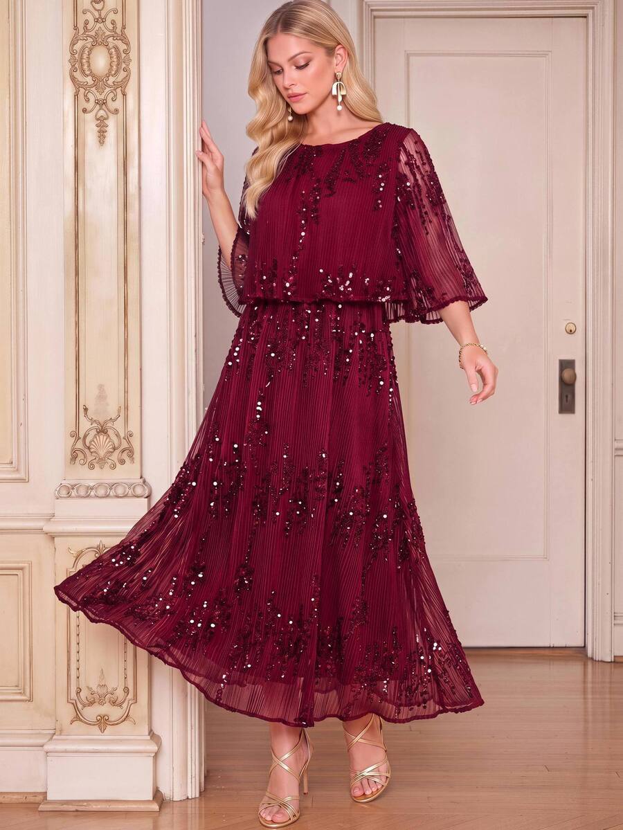 Amorya Contrast Sequin Mesh Overlay Dress Wedding Dinner Party Formal Mother Of The Bride Burgundy Autumn Elegant Halloween New Year Party Wedding Elegant - Burgundy - View 1