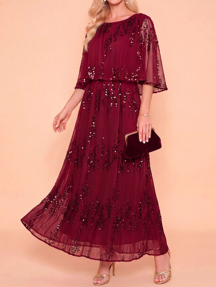 Amorya Contrast Sequin Mesh Overlay Dress Wedding Dinner Party Formal Mother Of The Bride Burgundy Autumn Elegant Halloween New Year Party Wedding Elegant - Burgundy - View 6