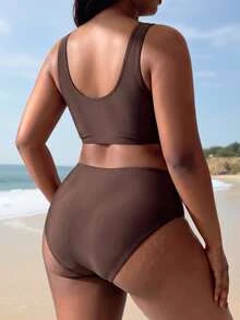 Swim Lushoire Plus Size Women's Leopard Print Swim Top, Sexy Minimalist Fashion For Beach, Vacation, Pool And Swimming - Coffee Brown - View 4