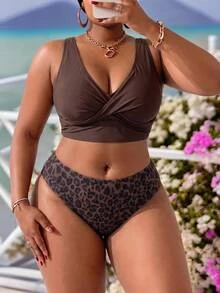Swim Lushoire Plus Size Women's Leopard Print Swim Top, Sexy Minimalist Fashion For Beach, Vacation, Pool And Swimming - Coffee Brown - View 5