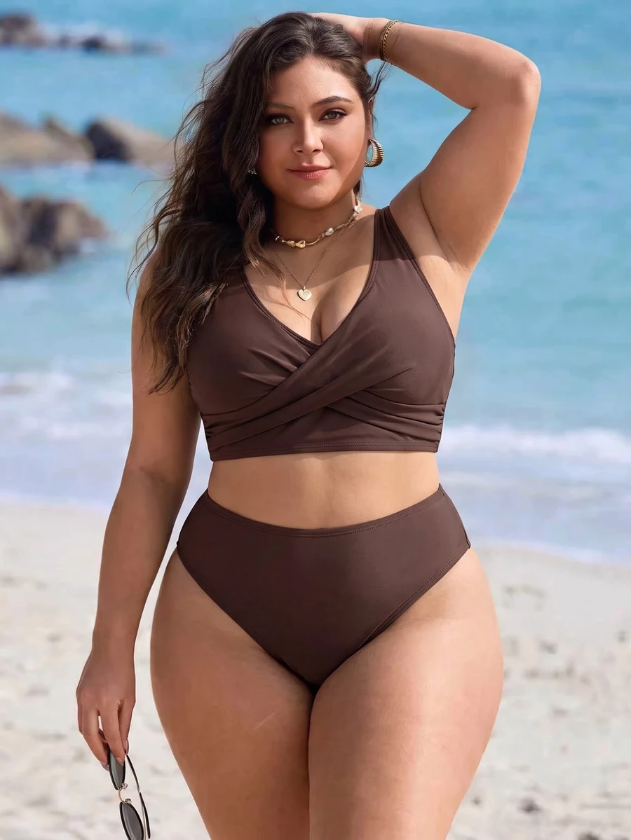 Swim Lushoire Plus Size Women's Leopard Print Swim Top, Sexy Minimalist Fashion For Beach, Vacation, Pool And Swimming - Coffee Brown - View 1