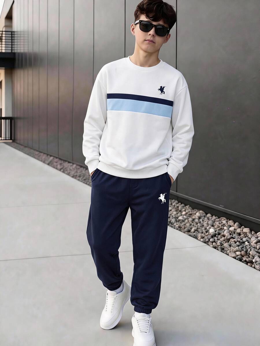 SHEIN 2件組兒童青少年男孩休閒簡約長袖連帽舒適運動衫套裝，經典復古配色拼接圖案印花，適合學校與返校季
