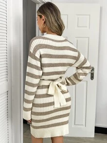 LUMIGAL Women's New Autumn/Winter Striped V-Neck Loose Long Sleeve Metal Irregular Button Waist Belt Back Tie Bodycon Short Sweater Dress - Multicolor - View 2